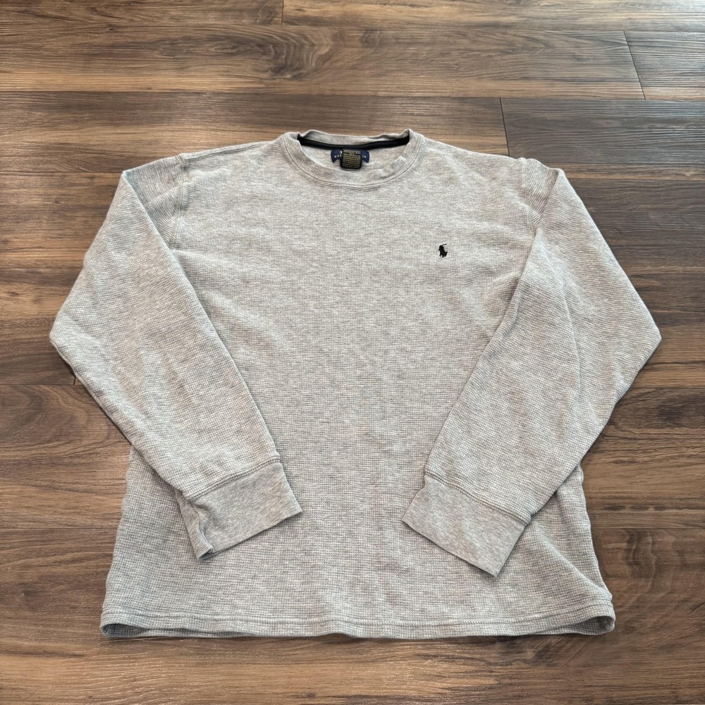 Polo Ralph Lauren Long Sleeve Medium Gray Cotton Waffle Knit Thermal Crewneck